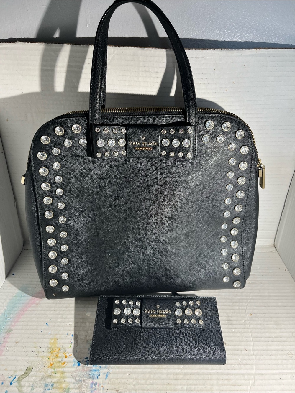 kate spade Black Crystal-Embellished Satchel with Matching Wallet